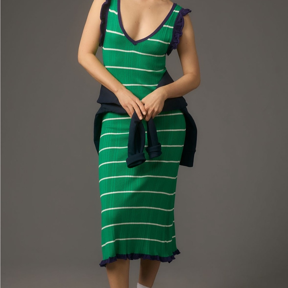 Anthropologie Green and Navy Striped Sweater Dress